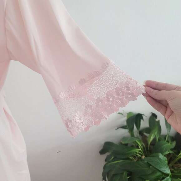 Shadowline Vintage Nylon Peignoir Pink Long Lace Sleevless Night Gown Robe Set S - Picture 4 of 16